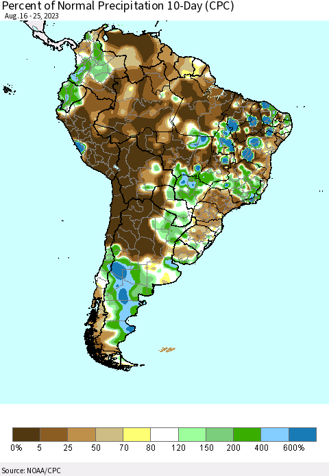 South America Percent of Normal Precipitation 10-Day (CPC) Thematic Map For 8/16/2023 - 8/25/2023