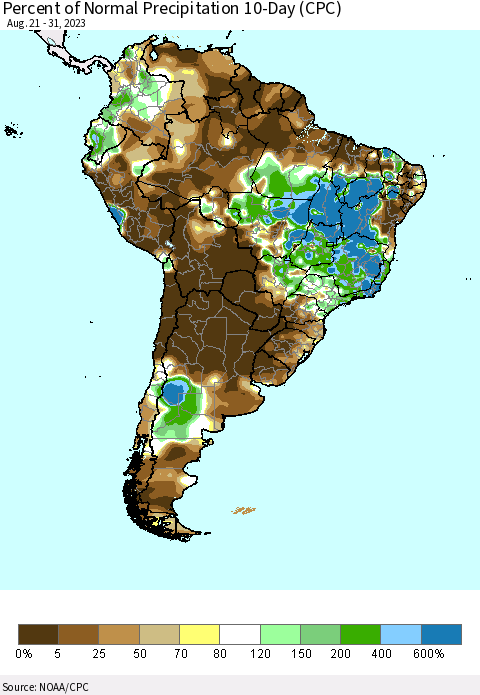 South America Percent of Normal Precipitation 10-Day (CPC) Thematic Map For 8/21/2023 - 8/31/2023