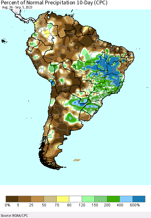 South America Percent of Normal Precipitation 10-Day (CPC) Thematic Map For 8/26/2023 - 9/5/2023