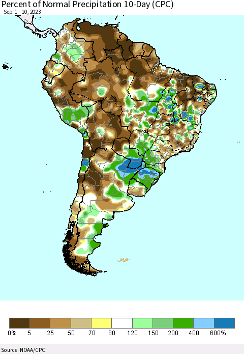 South America Percent of Normal Precipitation 10-Day (CPC) Thematic Map For 9/1/2023 - 9/10/2023