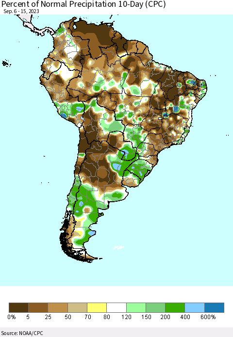 South America Percent of Normal Precipitation 10-Day (CPC) Thematic Map For 9/6/2023 - 9/15/2023