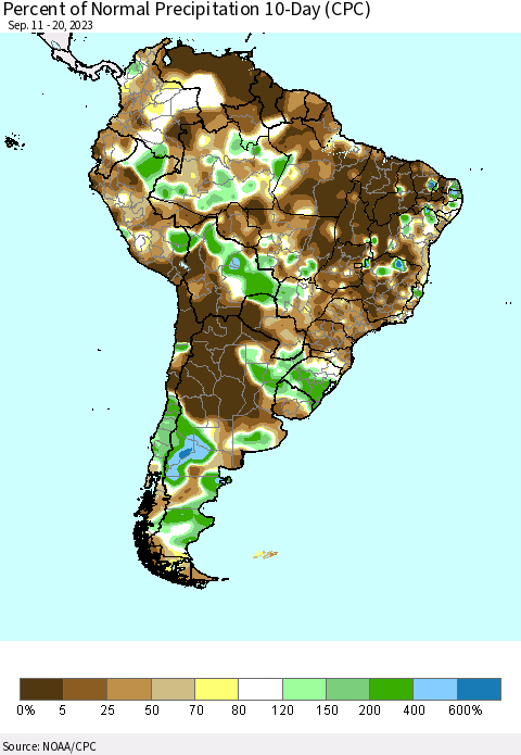 South America Percent of Normal Precipitation 10-Day (CPC) Thematic Map For 9/11/2023 - 9/20/2023