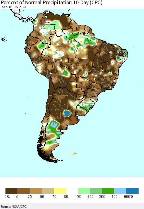 South America Percent of Normal Precipitation 10-Day (CPC) Thematic Map For 9/16/2023 - 9/25/2023