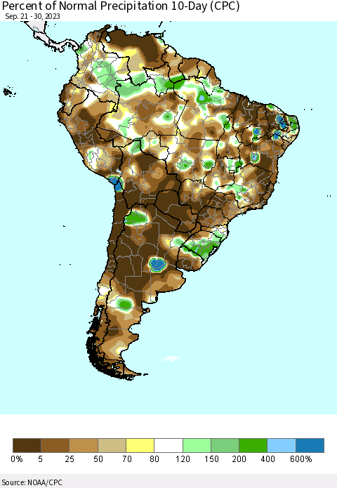 South America Percent of Normal Precipitation 10-Day (CPC) Thematic Map For 9/21/2023 - 9/30/2023