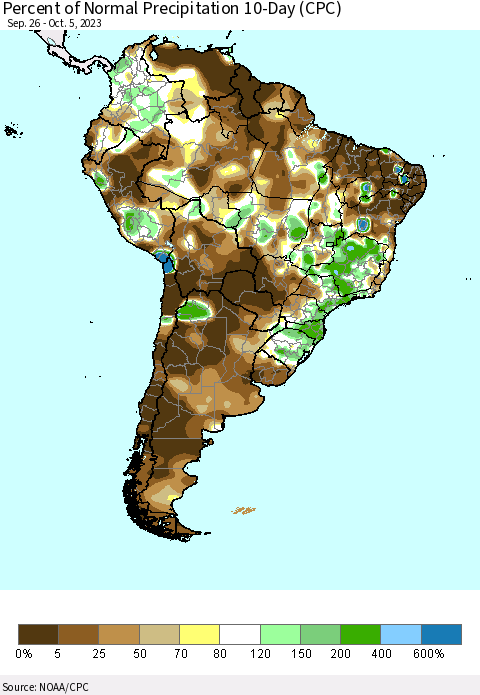 South America Percent of Normal Precipitation 10-Day (CPC) Thematic Map For 9/26/2023 - 10/5/2023