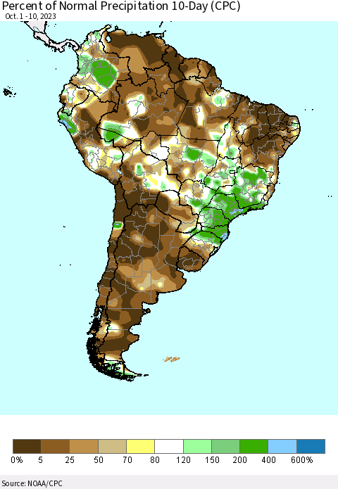 South America Percent of Normal Precipitation 10-Day (CPC) Thematic Map For 10/1/2023 - 10/10/2023