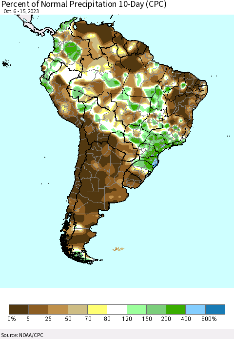 South America Percent of Normal Precipitation 10-Day (CPC) Thematic Map For 10/6/2023 - 10/15/2023
