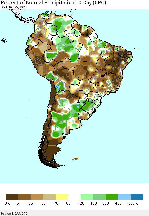 South America Percent of Normal Precipitation 10-Day (CPC) Thematic Map For 10/16/2023 - 10/25/2023
