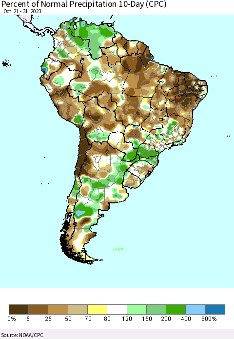 South America Percent of Normal Precipitation 10-Day (CPC) Thematic Map For 10/21/2023 - 10/31/2023
