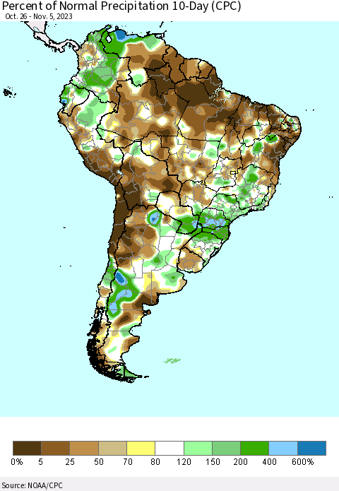South America Percent of Normal Precipitation 10-Day (CPC) Thematic Map For 10/26/2023 - 11/5/2023