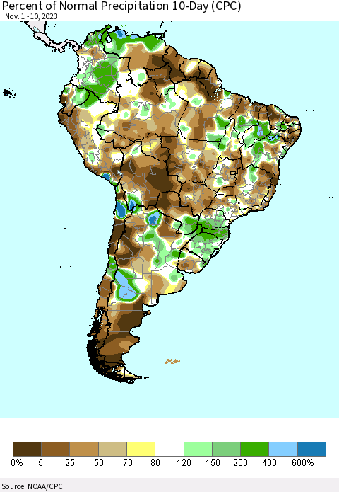 South America Percent of Normal Precipitation 10-Day (CPC) Thematic Map For 11/1/2023 - 11/10/2023