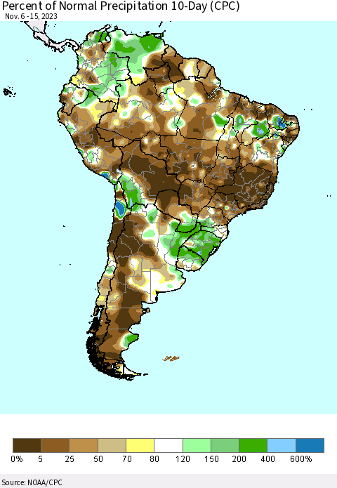 South America Percent of Normal Precipitation 10-Day (CPC) Thematic Map For 11/6/2023 - 11/15/2023