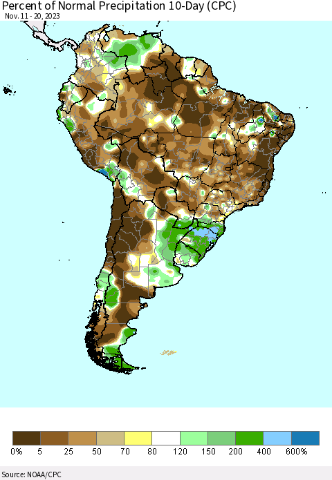 South America Percent of Normal Precipitation 10-Day (CPC) Thematic Map For 11/11/2023 - 11/20/2023