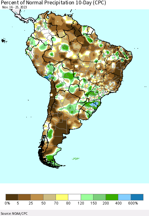 South America Percent of Normal Precipitation 10-Day (CPC) Thematic Map For 11/16/2023 - 11/25/2023