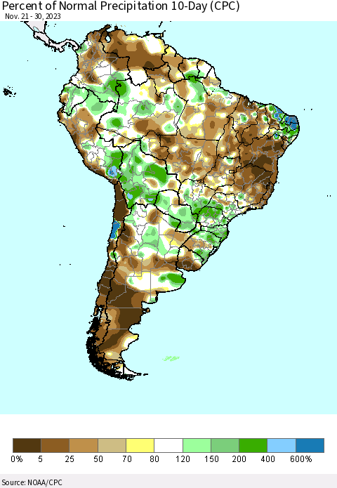 South America Percent of Normal Precipitation 10-Day (CPC) Thematic Map For 11/21/2023 - 11/30/2023