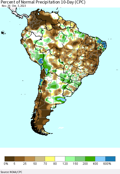 South America Percent of Normal Precipitation 10-Day (CPC) Thematic Map For 11/26/2023 - 12/5/2023