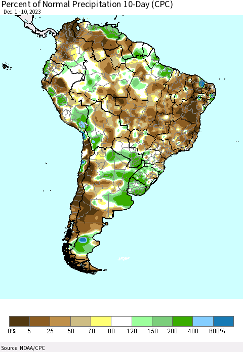 South America Percent of Normal Precipitation 10-Day (CPC) Thematic Map For 12/1/2023 - 12/10/2023