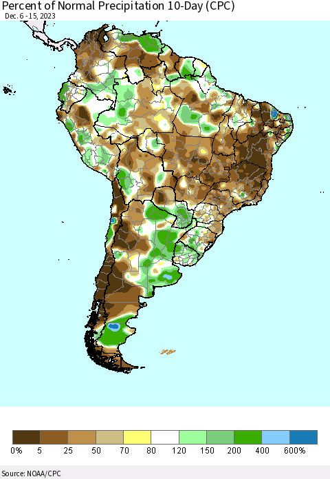 South America Percent of Normal Precipitation 10-Day (CPC) Thematic Map For 12/6/2023 - 12/15/2023