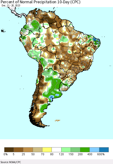 South America Percent of Normal Precipitation 10-Day (CPC) Thematic Map For 12/11/2023 - 12/20/2023