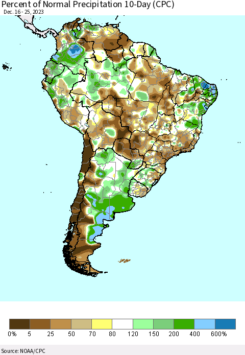 South America Percent of Normal Precipitation 10-Day (CPC) Thematic Map For 12/16/2023 - 12/25/2023