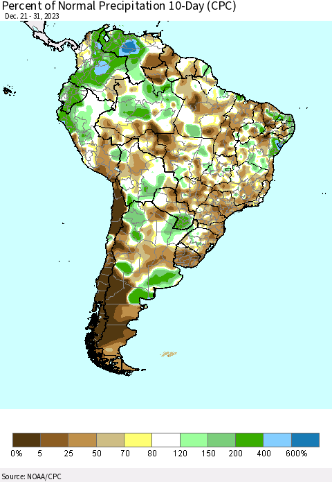 South America Percent of Normal Precipitation 10-Day (CPC) Thematic Map For 12/21/2023 - 12/31/2023