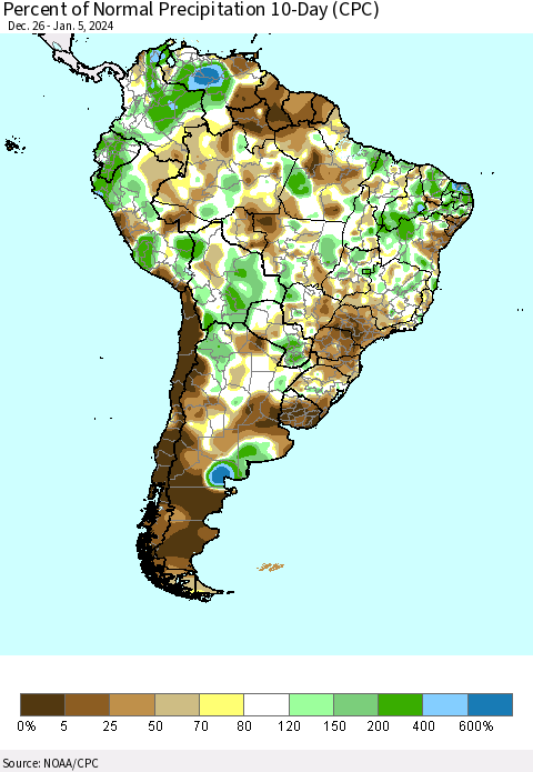 South America Percent of Normal Precipitation 10-Day (CPC) Thematic Map For 12/26/2023 - 1/5/2024