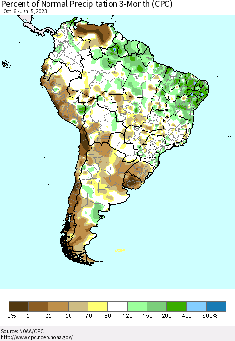 South America Percent of Normal Precipitation 3-Month (CPC) Thematic Map For 10/6/2022 - 1/5/2023