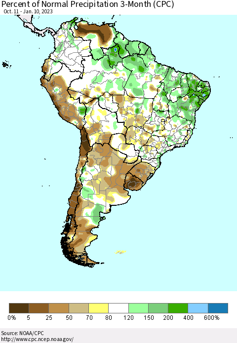 South America Percent of Normal Precipitation 3-Month (CPC) Thematic Map For 10/11/2022 - 1/10/2023