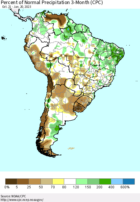 South America Percent of Normal Precipitation 3-Month (CPC) Thematic Map For 10/21/2022 - 1/20/2023