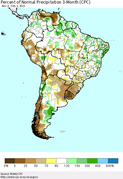 South America Percent of Normal Precipitation 3-Month (CPC) Thematic Map For 11/6/2022 - 2/5/2023