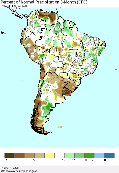 South America Percent of Normal Precipitation 3-Month (CPC) Thematic Map For 11/11/2022 - 2/10/2023
