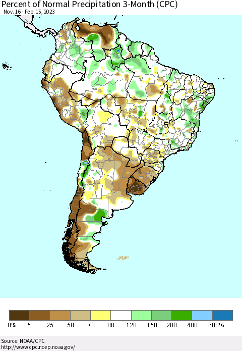 South America Percent of Normal Precipitation 3-Month (CPC) Thematic Map For 11/16/2022 - 2/15/2023