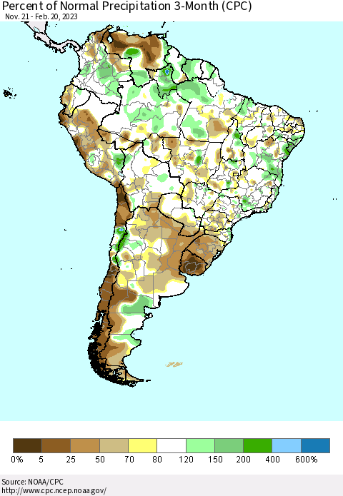 South America Percent of Normal Precipitation 3-Month (CPC) Thematic Map For 11/21/2022 - 2/20/2023