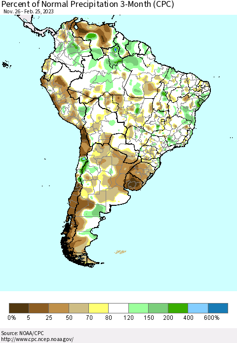 South America Percent of Normal Precipitation 3-Month (CPC) Thematic Map For 11/26/2022 - 2/25/2023