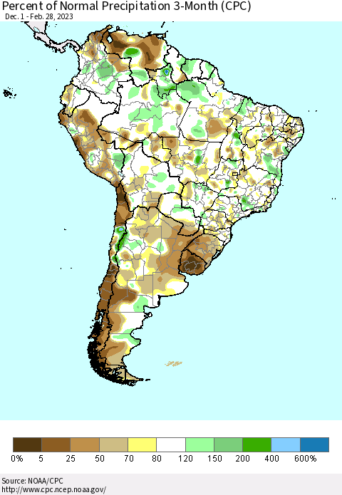 South America Percent of Normal Precipitation 3-Month (CPC) Thematic Map For 12/1/2022 - 2/28/2023