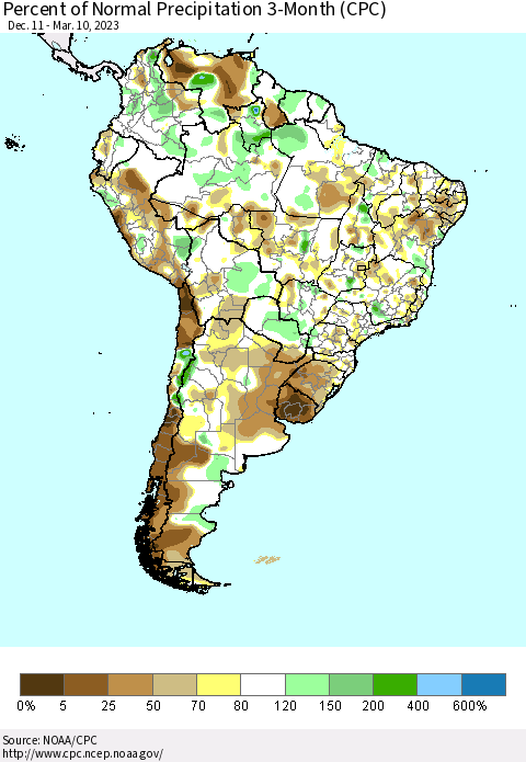 South America Percent of Normal Precipitation 3-Month (CPC) Thematic Map For 12/11/2022 - 3/10/2023