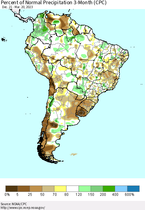 South America Percent of Normal Precipitation 3-Month (CPC) Thematic Map For 12/21/2022 - 3/20/2023