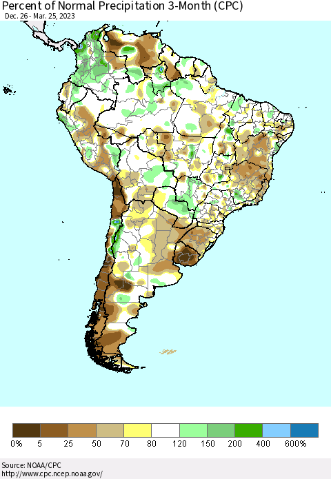 South America Percent of Normal Precipitation 3-Month (CPC) Thematic Map For 12/26/2022 - 3/25/2023