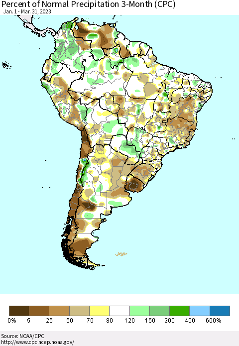 South America Percent of Normal Precipitation 3-Month (CPC) Thematic Map For 1/1/2023 - 3/31/2023