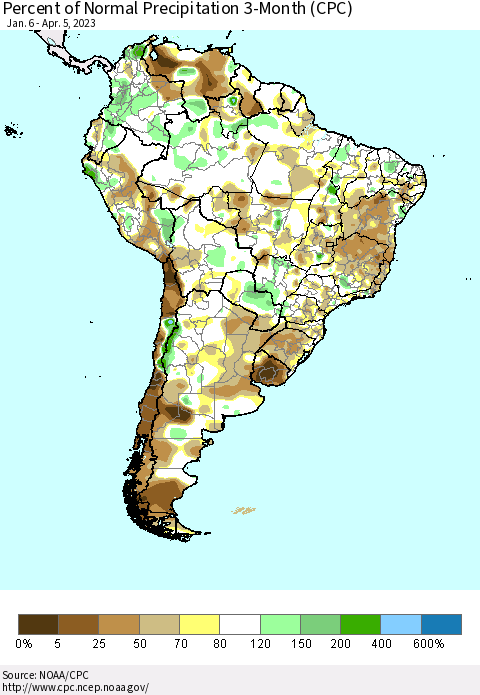 South America Percent of Normal Precipitation 3-Month (CPC) Thematic Map For 1/6/2023 - 4/5/2023