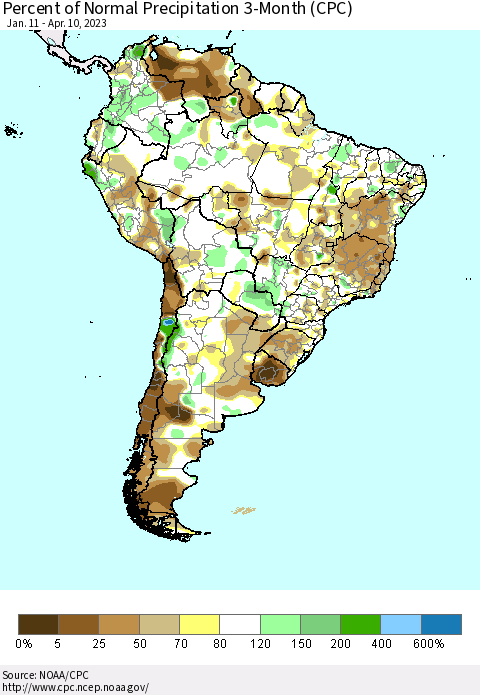 South America Percent of Normal Precipitation 3-Month (CPC) Thematic Map For 1/11/2023 - 4/10/2023