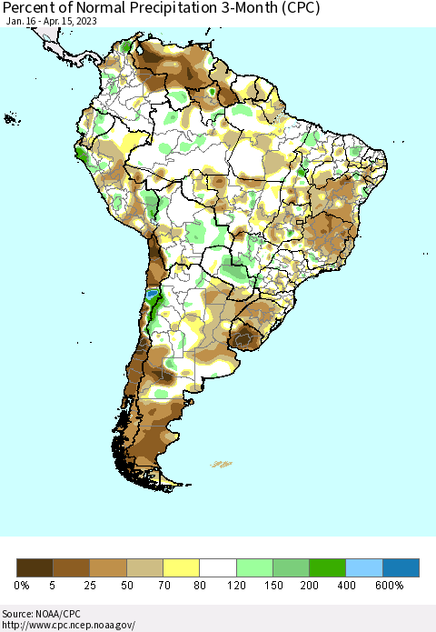 South America Percent of Normal Precipitation 3-Month (CPC) Thematic Map For 1/16/2023 - 4/15/2023