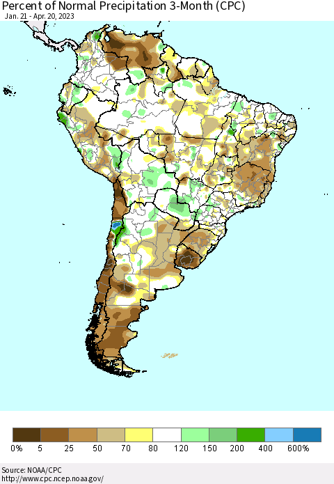 South America Percent of Normal Precipitation 3-Month (CPC) Thematic Map For 1/21/2023 - 4/20/2023