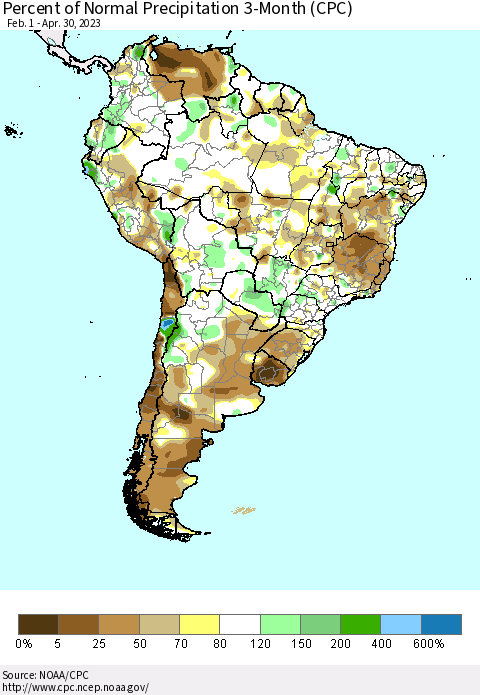 South America Percent of Normal Precipitation 3-Month (CPC) Thematic Map For 2/1/2023 - 4/30/2023