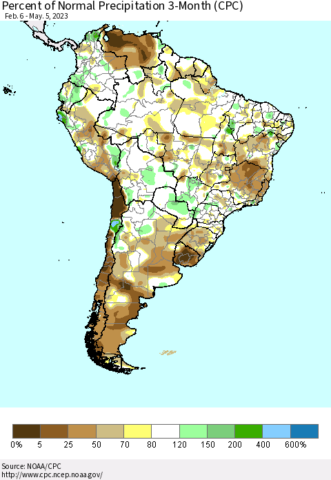 South America Percent of Normal Precipitation 3-Month (CPC) Thematic Map For 2/6/2023 - 5/5/2023