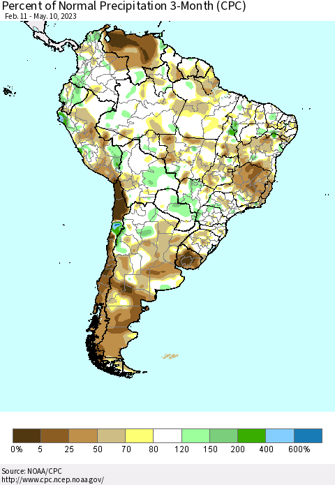 South America Percent of Normal Precipitation 3-Month (CPC) Thematic Map For 2/11/2023 - 5/10/2023