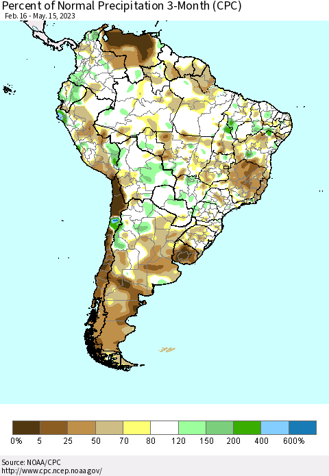 South America Percent of Normal Precipitation 3-Month (CPC) Thematic Map For 2/16/2023 - 5/15/2023