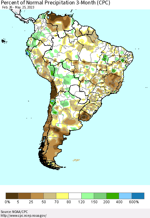 South America Percent of Normal Precipitation 3-Month (CPC) Thematic Map For 2/26/2023 - 5/25/2023