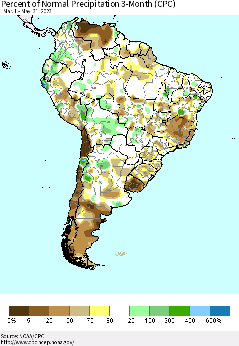 South America Percent of Normal Precipitation 3-Month (CPC) Thematic Map For 3/1/2023 - 5/31/2023