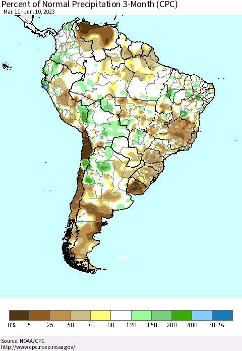 South America Percent of Normal Precipitation 3-Month (CPC) Thematic Map For 3/11/2023 - 6/10/2023